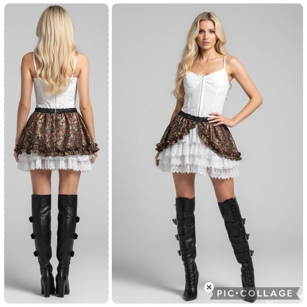 Steampunk Playboy Mini High-Low Ruffle White Lace Brocade Skirt Pirate Medium